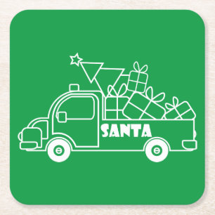 Outline Christmas truck Santa car side view Square Paper Coaster