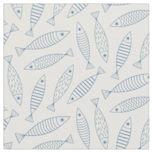 Outline Doodle Blue Sardine Fish Pattern  Fabric