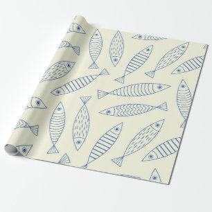 Outline Doodle Blue Sardine Fish Pattern  Wrapping Paper
