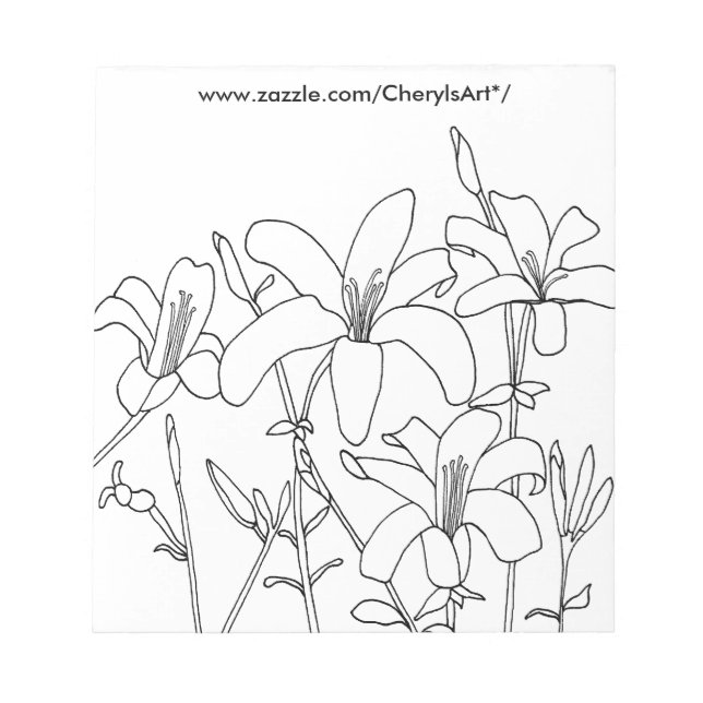 Outline Drawing Lily Flowers Colouring Notepads (Front)