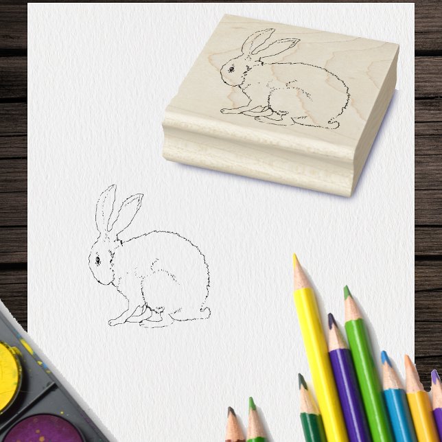 Outline Drawing of Sitting Cute Bunny Rabbit Rubber Stamp (Outline drawing of fuzzy sitting bunny rabbit on rubber craft stamp.)