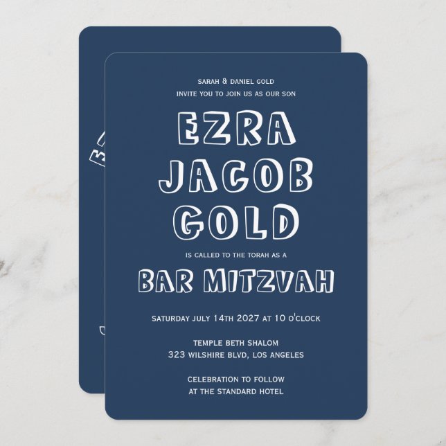 OUTLINE LETTERS STAR OF DAVID Custom Bar Mitzvah Invitation (Front/Back)
