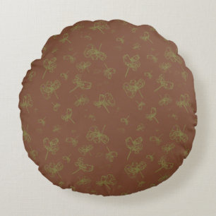 Outlined Green and Marron Red Floral Round Pillow