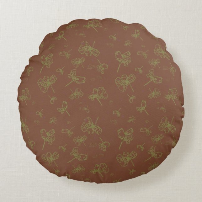 Outlined Green and Marron Red Floral Round Pillow (Front)