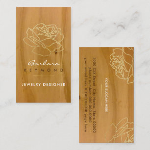 outlined rose flower on wood, jewellery designer business card