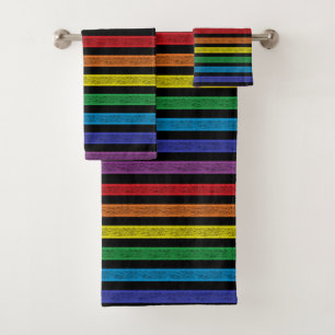Outlined Stripes Rainbow Black Bath Towel Set