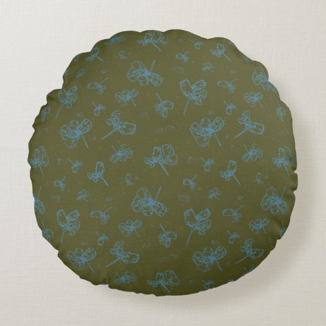 Outlined Teal Blue and Green Floral Round Pillow (Front)