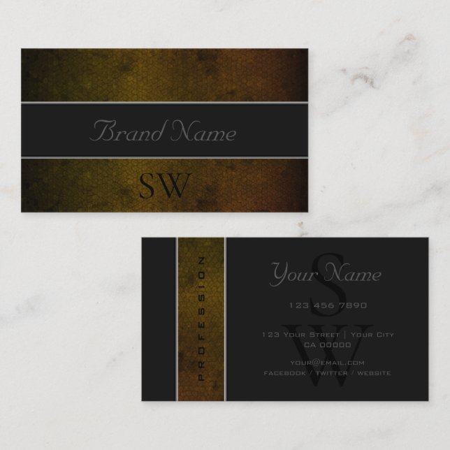 Outstanding Dark Yellow Snake Pattern and Initials Business Card (Front/Back)