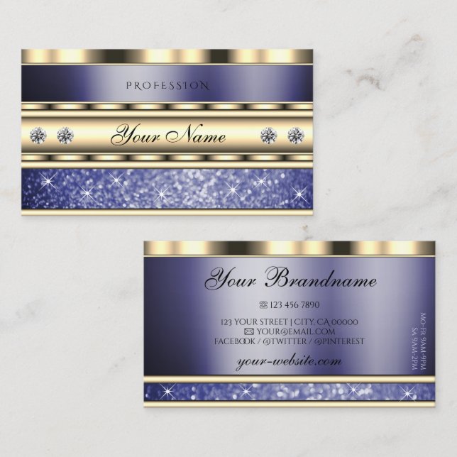 Outstanding Gold Blue Sparkling Glitter Diamonds Business Card (Front/Back)