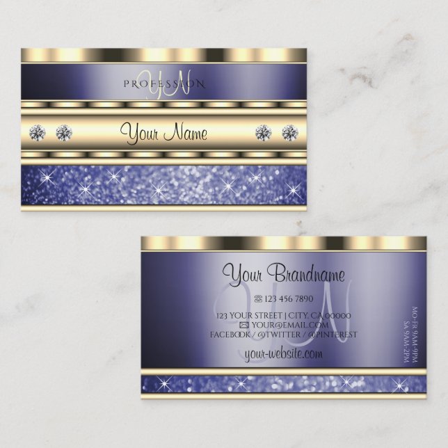 Outstanding Gold Blue Sparkling Glitter Monogram Business Card (Front/Back)