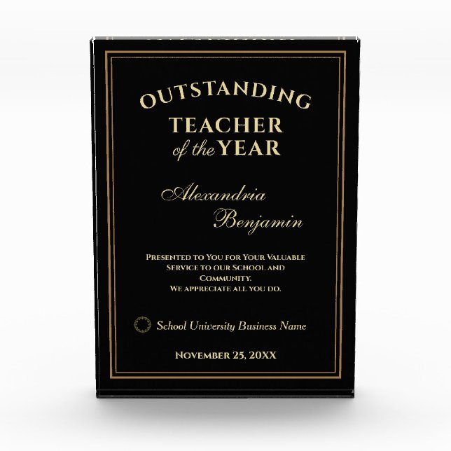 Outstanding Teacher of the Year Gold Personalize Photo Block (Front)