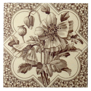Outstanding Victorian Poppies Floral Sepia Repro Tile