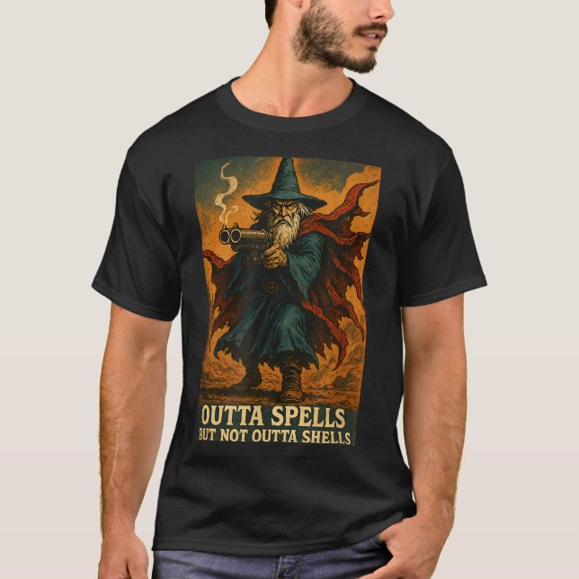 Outta Spells But Not Outta Shells Wizard Fantasy M T-Shirt (Front)