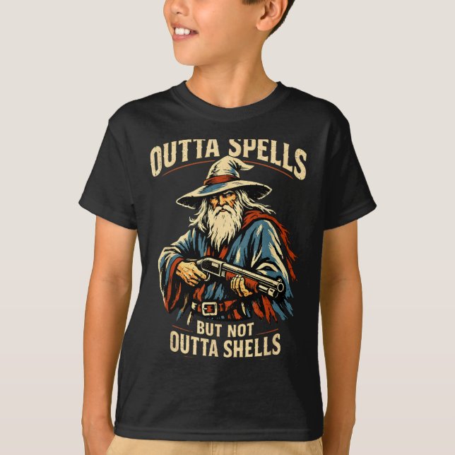 Outta Spells But Not Outta Shells Wizard Fantasy M T-Shirt (Front)