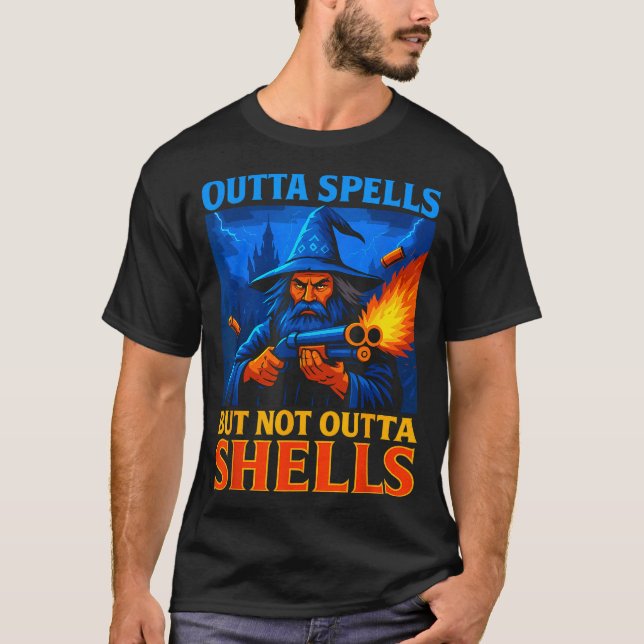 Outta Spells But Not Outta Shells Wizard Fantasy M T-Shirt (Front)