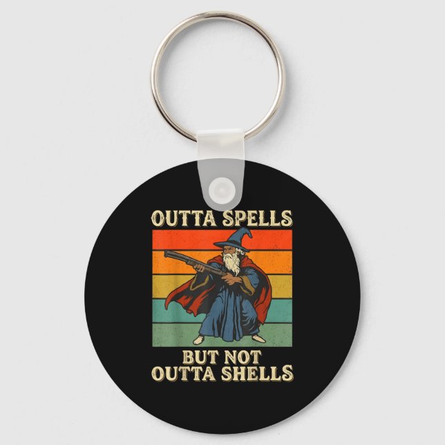 Outta Spells But Not Outta Shells Wizard Retro Fan Keychain (Front)