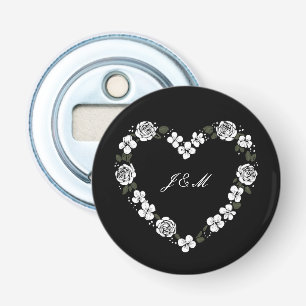 Ouvre-bouteille de mariage noir et blanc coeur