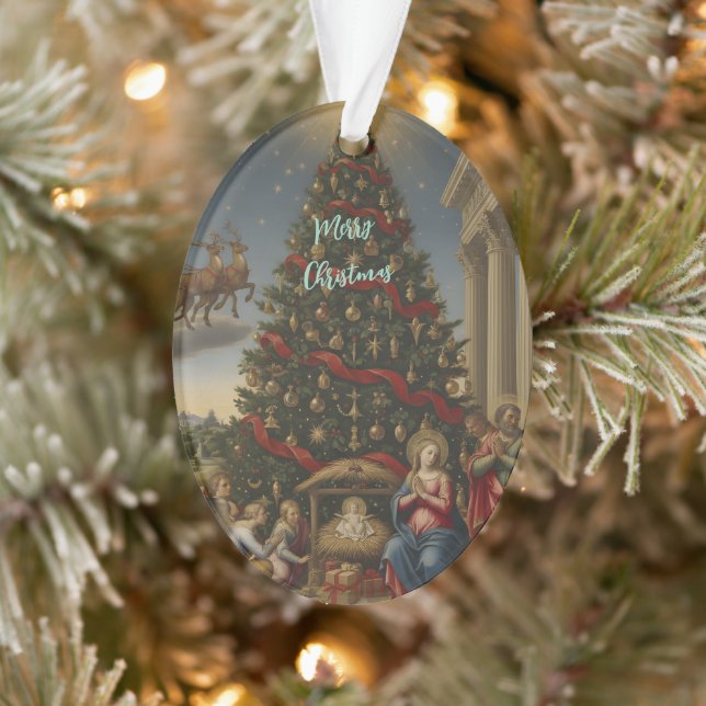 Oval Acrylic Nativity Santa Christmas Ornament (Tree)