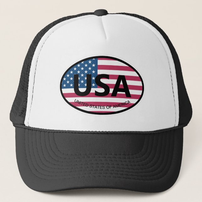 Oval American flag USA country code car emblem Trucker Hat (Front)