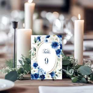 Oval Blue Floral Wedding Table Number