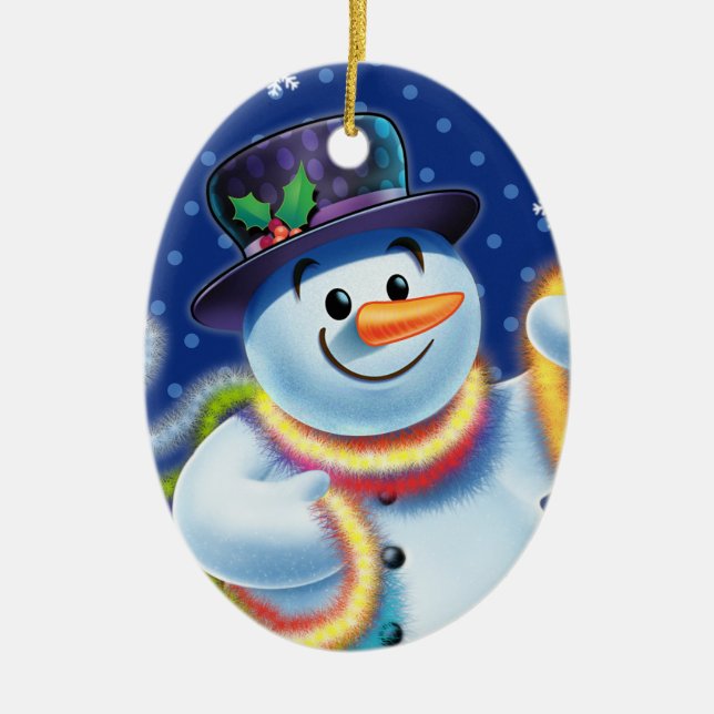 Oval Christmas tree decoration Snowman & tinsel. (Front)