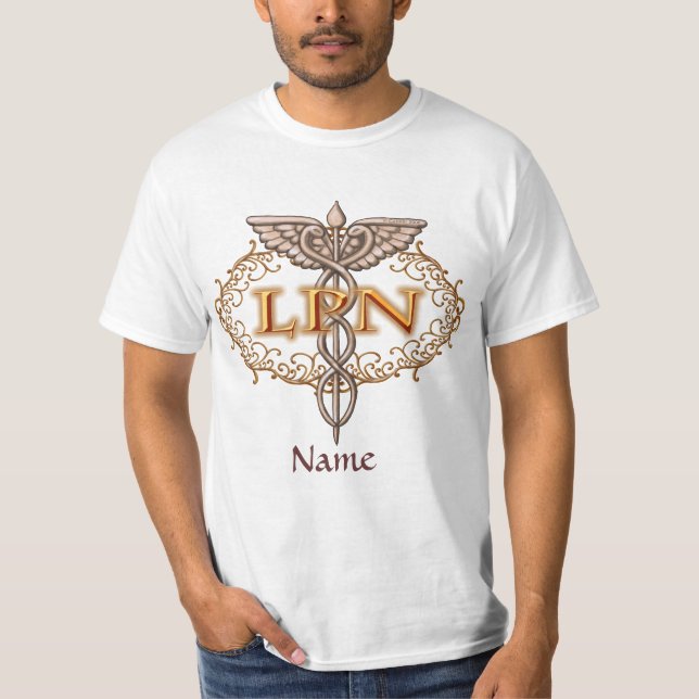 Oval Copper Caduceus LPN Nurse T-Shirt (Front)