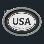 Oval country code or state abbreviation car emblem belt buckle<br><div class="desc">Oval country code or state abbreviation car emblem Belt buckle for men. Country code abbreviation sign typical for vehicles. Create your own personalized buckle Add your own text or monogram. Classic European style oval shape template design. USA of United States of America example. Cool gift ideas for him. Custom colour....</div>