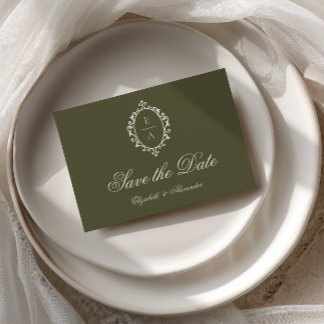 Oval Crest Green Old Money Wedding Save The Date Announcement Postcard