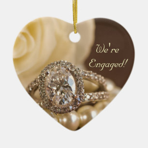 Oval Diamond Engagement Ring and White Rose Ceramic Ornament