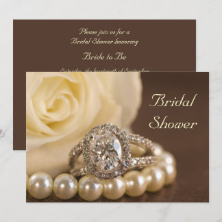 Oval Diamond Ring and White Rose Bridal Shower Invitation
