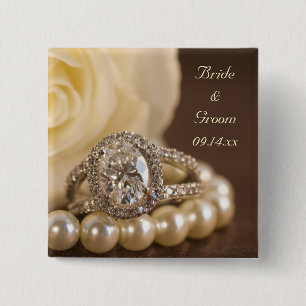 Oval Diamond Ring and White Rose Wedding 2 Inch Square Button