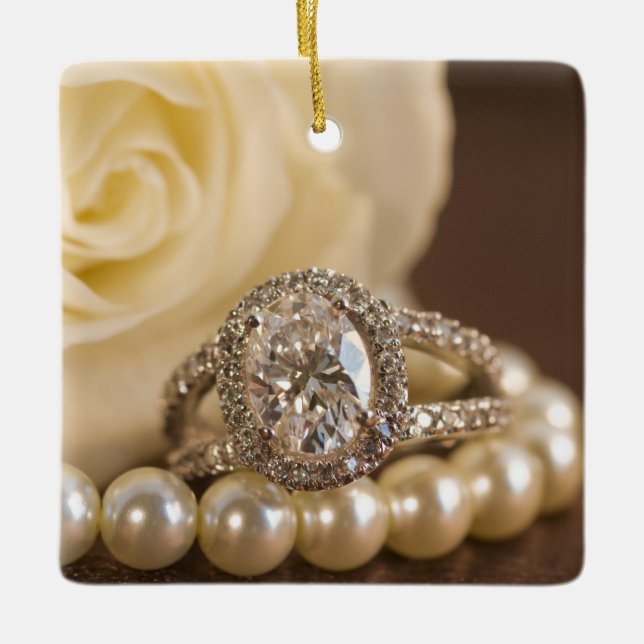 Oval Diamond Ring and White Rose Wedding Ceramic Ornament (Front)