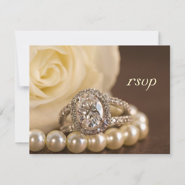 Oval Diamond Ring and White Rose Wedding RSVP Card (Front)