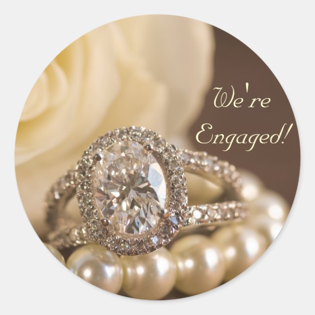 Oval Diamond Ring White Rose Marriage Engagement Classic Round Sticker (Front)