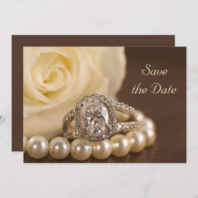Oval Diamond Ring White Rose Wedding Save the Date Invitation (Front/Back)