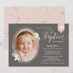 Oval Floral Photo Rose Gold Banner Baptism Invite
