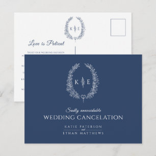 Oval leaf wreath monogram wedding cancellation blu announcement postcard