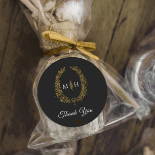 Oval leaves gold on black monogram wedding favour classic round sticker