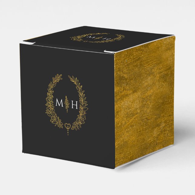 Oval leaves monogram black gold white wedding favor box (Front Side)