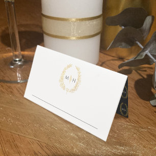 Oval leaves monogram black gold white wedding place card