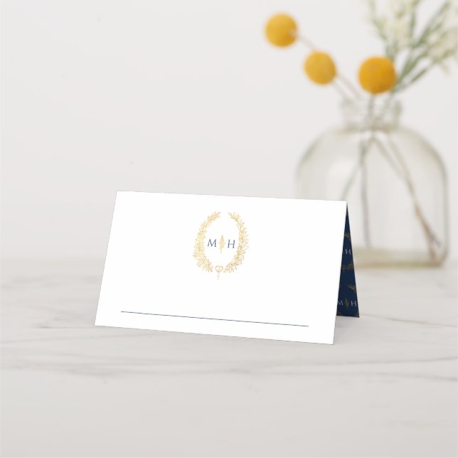 Oval leaves monogram blue gold white wedding place card (Front)