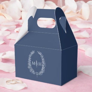 Oval leaves monogram navy blue white wedding favor box