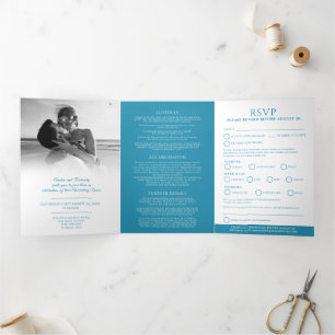 Oval monogram wedding option RSVP blue teal white Tri-Fold Invitation
