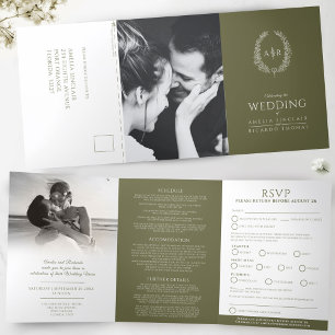 Oval monogram wedding RSVP olive green white Tri-Fold Invitation