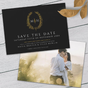 Oval of leaves black white gold photo wedding save the date