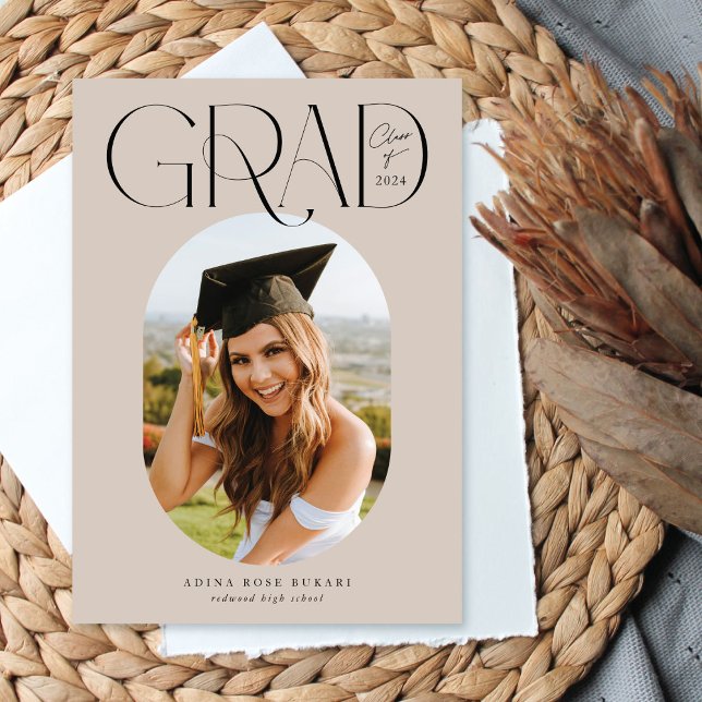 Oval One Photo Beige Graduation Announcement Card (Creator Uploaded)