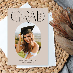 Oval One Photo Beige Graduation Announcement Card