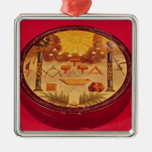 Oval painted box, with symbols of Freemasonry Metal Ornament