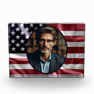 Oval Photo and American Flag, Vintage with Folds Block