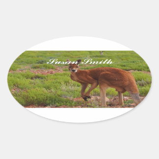 Oval photo sticker with name - red kangaroo